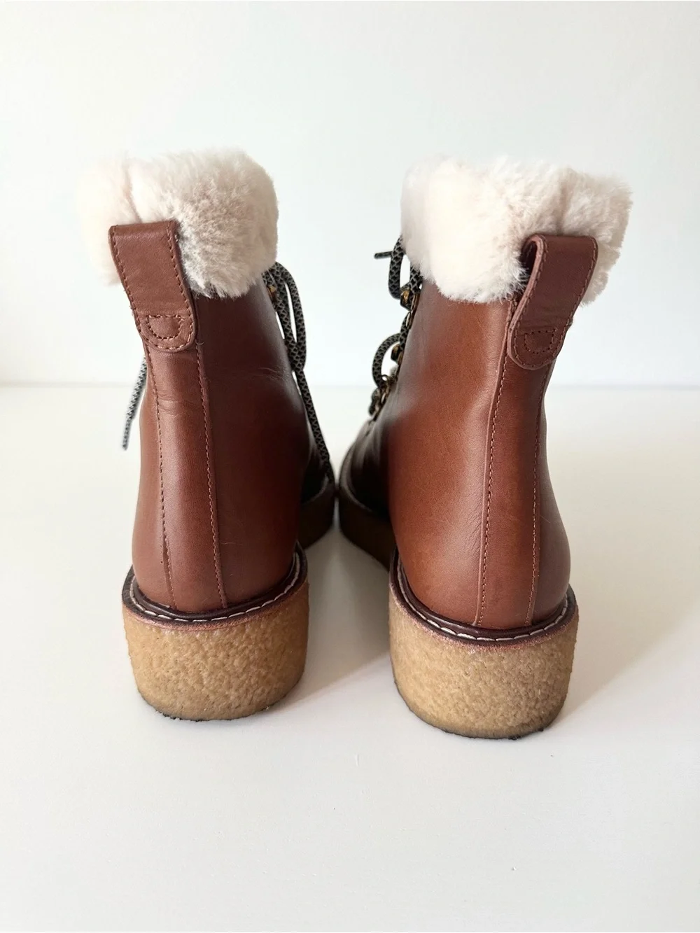 J.Crew Faux Fur Lined Brown Leather Lace Up Nordic Hiking Boots Size 8.5